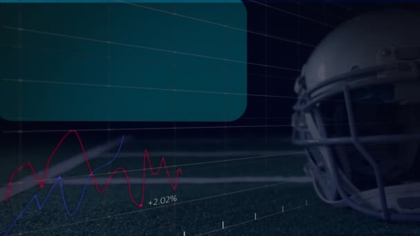 Animering Statistisk Databehandling Mot Närbild Rugbyhjälm Gräsplan Affärs Och Idrottsteknik — Stockvideo