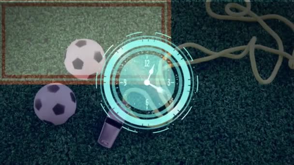 Анімація Неонового Годинника Крупним Планом Мініатюрних Футбольних Ячах Свист Трав — стокове відео