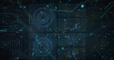 Siyah arkaplan üzerinde noktalar, radarlar ve devre kartı desenleri, kopyalama uzayı. Dijital olarak üretilmiş, hologram, sonar, aydınlatma, grafik, raporlar ve teknoloji konsepti.