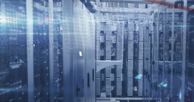 Sunucu odasında veri işleme resmi. küresel iş ve dijital arayüz kavramı dijital olarak oluşturulmuş görüntü.