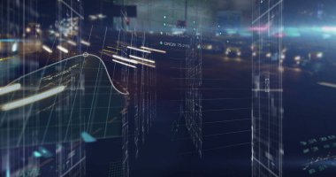 Şehir manzarası üzerinde veri işleme resmi. küresel iş, finans ve dijital arayüz kavramı dijital olarak oluşturulmuş görüntü.