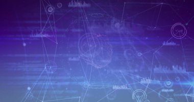 Mavi arkaplandaki veri işleme ile bağlantı ağının bileşimi. Küresel bağlantılar, hesaplama ve dijital arayüz konsepti dijital olarak oluşturuldu.