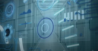 Sunucu odasında 5G metin ve veri işleme ile tarama alanı görüntüsü. Küresel teknoloji, bilgisayar ve dijital arayüz kavramı dijital olarak oluşturulmuş görüntü.