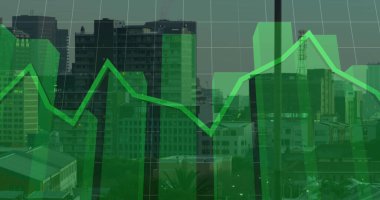 Şehir manzarası üzerinde finansal veri işleme resmi. Küresel iş, finans, veri işleme ve dijital arayüz kavramı dijital olarak oluşturuldu.
