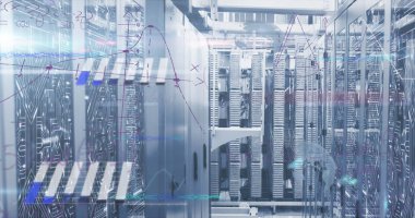 Bu resim, veri işleyen küresel bir bilgisayar sunucu ağının dijital bir görüntüsüdür. Resim, sunucu ağında akan verileri ve yüzeyde parlayan ışık izlerini gösterir.. 