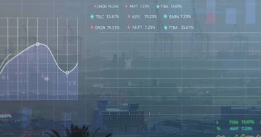 Şehir manzarası üzerinde finansal veri işleme resmi. Küresel iş, finans, veri işleme ve dijital arayüz kavramı dijital olarak oluşturuldu.
