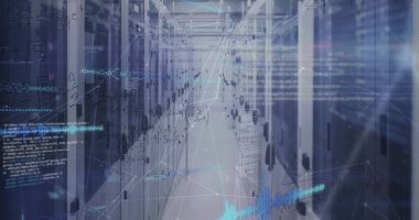 Sunucu odasında veri işleme resmi. küresel iş ve dijital arayüz kavramı dijital olarak oluşturulmuş görüntü.