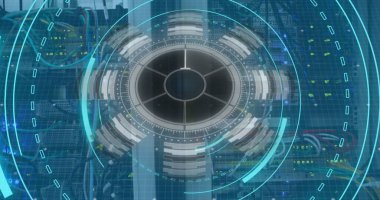 Sunucu odasında 5G metin ve veri işleme ile tarama alanı görüntüsü. Küresel teknoloji, bilgisayar ve dijital arayüz kavramı dijital olarak oluşturulmuş görüntü.