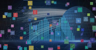 Siyah arkaplanda simgelerle ve küreyle veri işleme bileşimi. Küresel finansman, bilgisayar ve dijital arayüz kavramı dijital olarak oluşturulmuş görüntü.