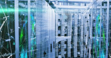 Sunucu odasında veri işleme resmi. küresel iş ve dijital arayüz kavramı dijital olarak oluşturulmuş görüntü.