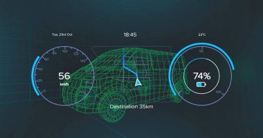 Siyah arka planda dijital minibüsün üzerindeki araba arayüzü kompozisyonu. Küresel teknoloji, ulaşım ve dijital arayüz kavramı dijital olarak oluşturuldu.