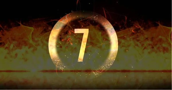Afbeelding Van Ring Gloeiende Nummer Zeven Dramatische Countdown Vlammende Vuurachtergrond — Stockfoto