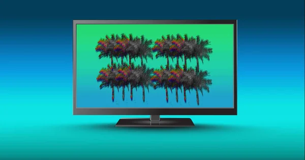 青い背景 コピースペースに対してヤシの木とテレビ画面のイラスト ココナッツの木 ベクトル グラデーション スタジオショット 抽象的 テクノロジーの概念 — ストック写真