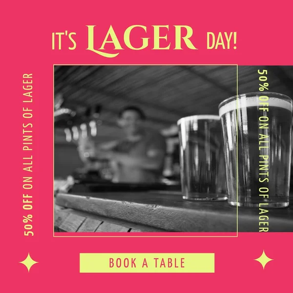 Composition of lager day text over mugs of beer. Lager day and celebration concept digitally generated image.