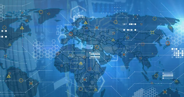 Beeld Van Digitale Interface Gegevensverwerking Wereldkaart Blauwe Achtergrond Globaal Gegevensverwerkingsconcept — Stockfoto