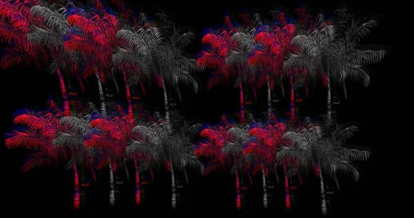 彩色模糊棕榈树在黑色背景下的图解 数字生成的全息图 抽象和自然概念 — 图库照片