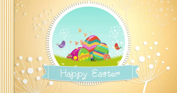 Image Happy Easter Text Coloured Eggs Field Brown Background White — Stock Photo, Image