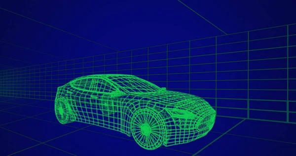 Image of project of car in blue digital space. Virtual reality, metaverse, digital interface and technology concept.