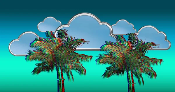 用蓝色渐变背景描绘扭曲的棕榈树和云彩 复制空间 — 图库照片