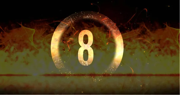 Image Ring Glowing Number Eight Dramatic Countdown Flaming Fire Background — Stock Photo, Image