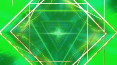 Yeşil arka planda altın ve neon şekillerin animasyonu. Işık, şablon ve hareket konsepti dijital olarak oluşturulmuş video.