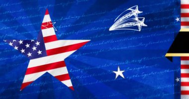 Amerikan bayrağının renklerinde yıldız animasyonu ve mavi çizgili arka plan ve yazılar. Amerikan vatanseverliği, kültür ve kutlama konsepti dijital olarak oluşturulmuş video.