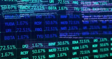 Siyah arka planda finansal veri işleme animasyonu. Küresel finans, iş ve veri işleme kavramı dijital olarak oluşturulmuş video.