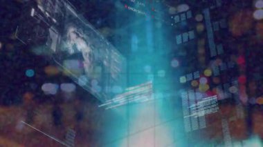 Şehir manzarası üzerinde veri işleme animasyonu. küresel iş ve dijital arayüz kavramı dijital olarak oluşturulmuş video.