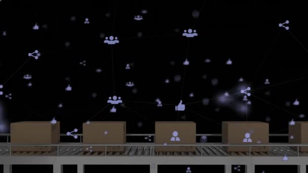 コンベアベルト上の段ボール箱上のアイコンとの接続のネットワークのアニメーション グローバル出荷 ネットワーク データ処理の概念デジタル生成ビデオ — ストック動画