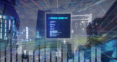 Şehir manzarası üzerinde veri işleme resmi. küresel iş, finans ve dijital arayüz kavramı dijital olarak oluşturulmuş görüntü.