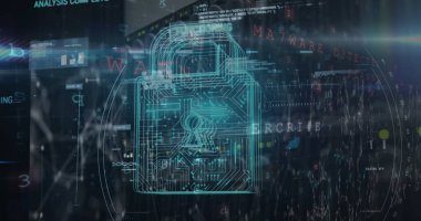 Ağ sunucu odasının üzerinde programlama dili ve asma kilit bileşimi. Devre kartı, güvenlik, koruma, veri depolama, şifre, şifreleme ve teknoloji kavramı