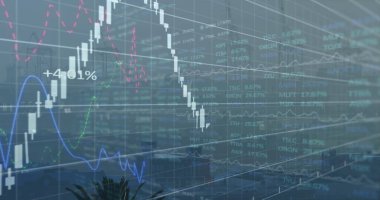 Şehir manzarası üzerindeki finansal grafiklerin ve verilerin resmi. Küresel finans, ekonomi ve şehir hayatı kavramı dijital olarak oluşturulmuş görüntü.