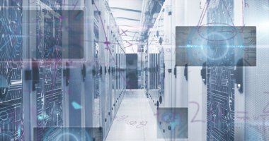 Bilgisayar sunucu odasına karşı matematiksel denklemlerin ve veri işlemenin resmi. Bilgisayar arayüzü ve iş veri depolama teknolojisi kavramı