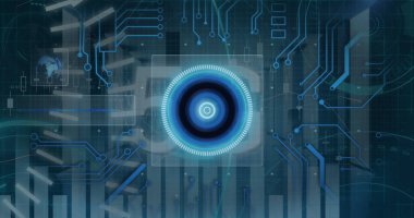 Sunucu odasında 5G metin ve veri işleme ile tarama alanı görüntüsü. Küresel teknoloji, bilgisayar ve dijital arayüz kavramı dijital olarak oluşturulmuş görüntü.