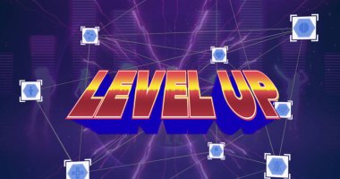 Çizgilerle soyut şablona bağlı kare simgeleriyle üst seviye metin tasviri. Boşluğu kopyala, dijital olarak oluşturulmuş, teknoloji, atari salonu, video oyunu ve yarışma konsepti.