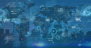 Mavi arkaplan üzerinde dijital arayüz ve veri işleme resmi. Dijital olarak oluşturulmuş küresel veri işleme kavramı.