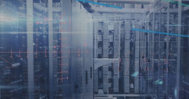 Sunucu odasında veri işleme resmi. küresel iş ve dijital arayüz kavramı dijital olarak oluşturulmuş görüntü.