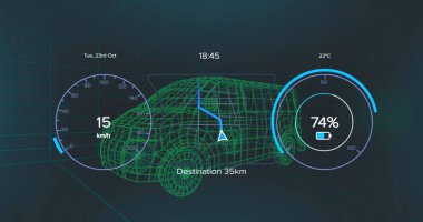Siyah arka planda dijital minibüsün üzerindeki araba arayüzü kompozisyonu. Küresel teknoloji, ulaşım ve dijital arayüz kavramı dijital olarak oluşturuldu.