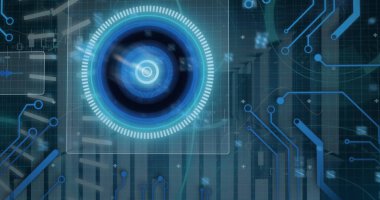 Sunucu odasında 5G metin ve veri işleme ile tarama alanı görüntüsü. Küresel teknoloji, bilgisayar ve dijital arayüz kavramı dijital olarak oluşturulmuş görüntü.