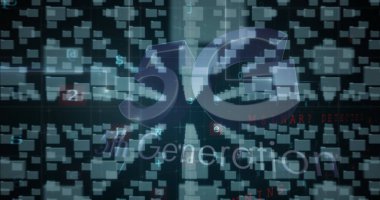 Mavi arka planda yüzen bilgisayar dizinlerinin üzerinde 5G, 5. nesil metin tasviri. Dijital olarak üretilmiş, hologram, şifre, güvenlik, telekomünikasyon ve teknoloji konsepti.