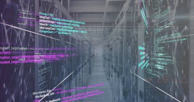 Sunucu odasında veri işleme resmi. küresel iş ve dijital arayüz kavramı dijital olarak oluşturulmuş görüntü.