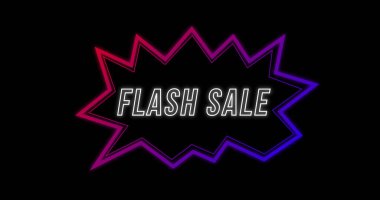Retro 80 'lerin siyah arka plan 4k' ye karşı neon iletişim baloncuklu Flash Satış reklamı görüntüsü