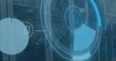 Sunucu odasında simgeler ve veri işleme ile tarama kapsamı resmi. Küresel teknoloji, bilgisayar ve dijital arayüz kavramı dijital olarak oluşturulmuş görüntü.