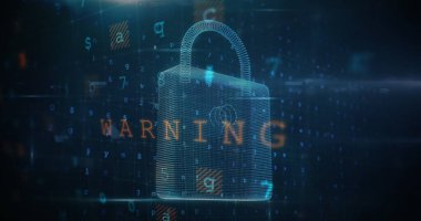 Asma kilitli uyarı metni, şebeke arka planında birden fazla sayı ve harf. Dijital olarak oluşturulmuş, hologram, güvenlik, veri, parola, koruma, şifreleme ve teknoloji kavramı.