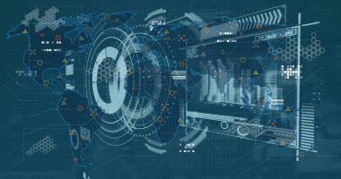 Mavi zemin üzerinde dijital arayüz ve veri işleme görüntüsü. Dijital olarak oluşturulmuş küresel veri işleme kavramı.