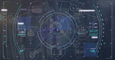 Sunucu odasında simgeler ve veri işleme ile tarama kapsamı resmi. Küresel teknoloji, bilgisayar ve dijital arayüz kavramı dijital olarak oluşturulmuş görüntü.