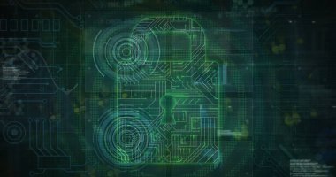 Devre kartı desenli dairelerin tasviri asma kilit ve soyut arkaplan üzerine veritabanı. Dijital olarak oluşturulmuş, hologram, veri, güvenlik, koruma, şifreleme, teknoloji kavramı.