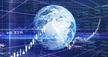 Donanma dijital uzayında dünya üzerinde işlenen çeşitli veri ve grafiklerin görüntüsü. Küresel iş, finans, ekonomi, dijital arayüz ve teknoloji kavramı.