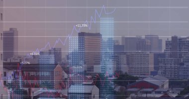 Şehir manzarası üzerinde finansal veri işleme resmi. Küresel iş, finans, veri işleme ve dijital arayüz kavramı dijital olarak oluşturuldu.