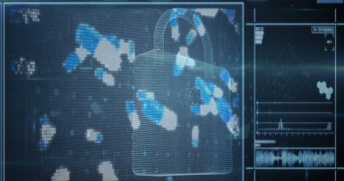 Soyut arkaplanda asma kilit ve ses dalgaları olan pikselli dijital kapsüllerin tasviri. Dijital olarak üretilmiş, hologram, ilaç, güvenlik, koruma, şifreleme, sağlık ve teknoloji.